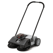 Dapper Supply 22-inch battery-powered sweeper front angle with handle and side brushes.