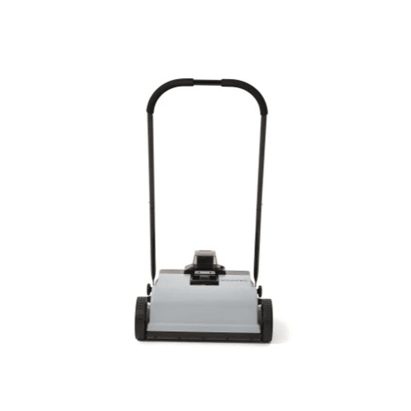Dapper Supply 22-inch battery-powered sweeper front view with upright handle.