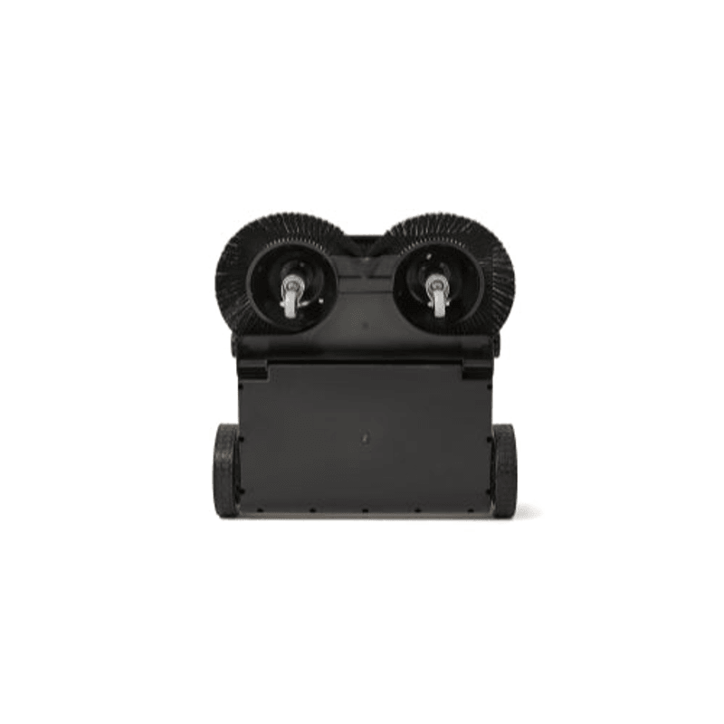 Dapper Supply 22-inch battery-powered sweeper underside showing dual side brushes.