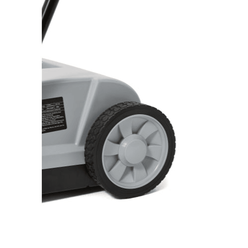 Dapper Supply 22-inch battery-powered sweeper rear wheel closeup.