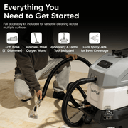 Dapper Supply heated carpet extractor accessory kit with 37 ft hose, stainless steel carpet wand, upholstery and detail tool, and dual spray jets.