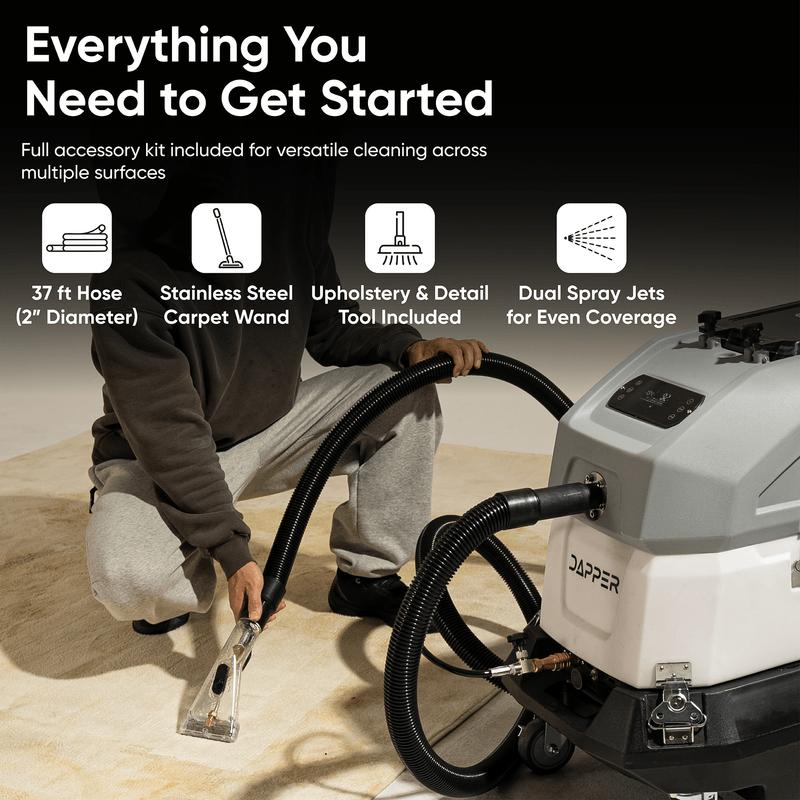 Dapper Supply heated carpet extractor accessory kit with 37 ft hose, stainless steel carpet wand, upholstery and detail tool, and dual spray jets.