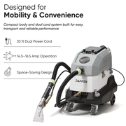 Dapper Supply heated carpet extractor with a 33 ft dual power cord, 14.5 to 16.5 amp operation, and space-saving design.