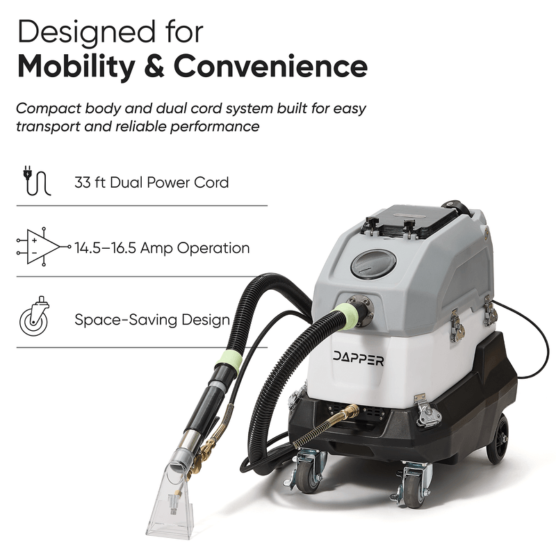 Dapper Supply heated carpet extractor with a 33 ft dual power cord, 14.5 to 16.5 amp operation, and space-saving design.