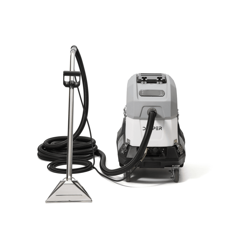 Dapper Supply heated carpet extractor full setup with stainless steel wand and coiled hose.