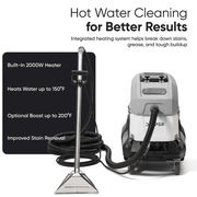 Dapper Supply heated carpet extractor with a built-in 2000W heater that heats water up to 150F and an optional boost up to 200F.