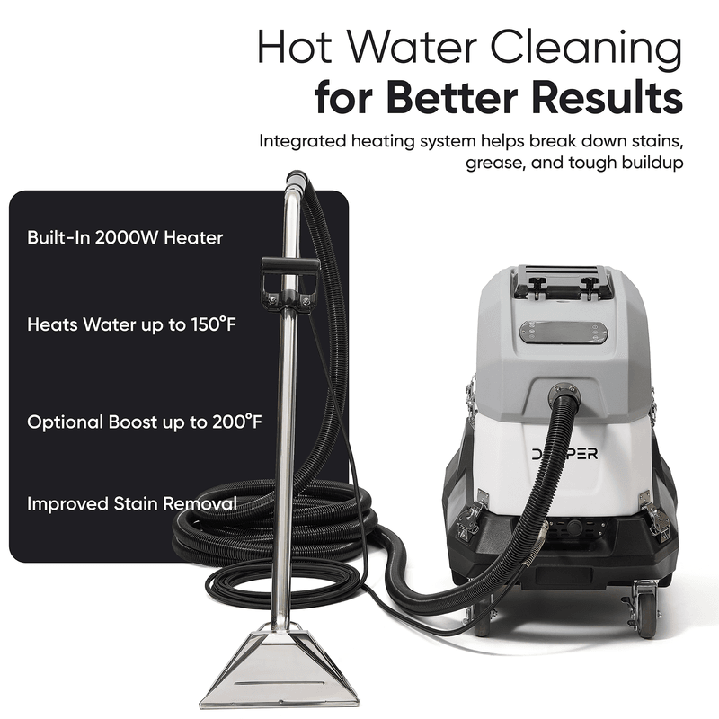 Dapper Supply heated carpet extractor with a built-in 2000W heater that heats water up to 150F and an optional boost up to 200F.