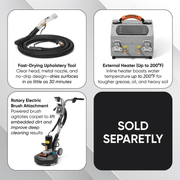 Dapper Supply heated carpet extractor optional add-ons including a fast-drying upholstery tool, external heater up to 200F, and rotary electric brush, sold separately.
