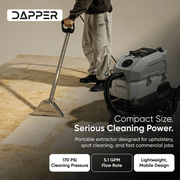 Dapper Supply heated carpet extractor specifications showing 170 PSI cleaning pressure, 5.1 GPM flow rate, and lightweight mobile design.