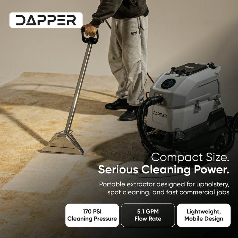 Dapper Supply heated carpet extractor specifications showing 170 PSI cleaning pressure, 5.1 GPM flow rate, and lightweight mobile design.