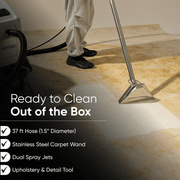 Dapper Supply heated carpet extractor ready to clean out of the box with hose, carpet wand, dual spray jets, and upholstery tool.