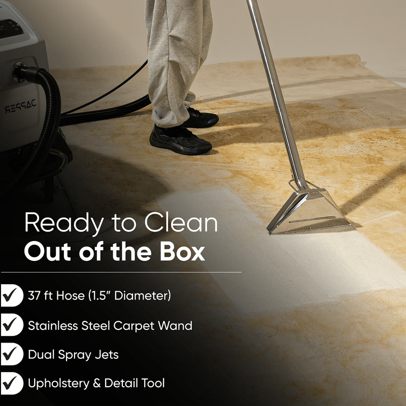 Dapper Supply heated carpet extractor ready to clean out of the box with hose, carpet wand, dual spray jets, and upholstery tool.