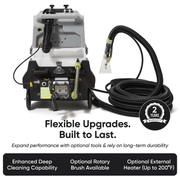 Dapper Supply heated carpet extractor showing optional upgrades and the 2-year warranty.