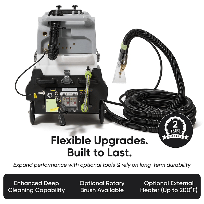 Dapper Supply heated carpet extractor showing optional upgrades and the 2-year warranty.