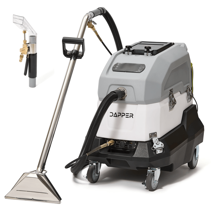 Dapper Supply commercial heated carpet extractor shown with carpet wand and upholstery tool.