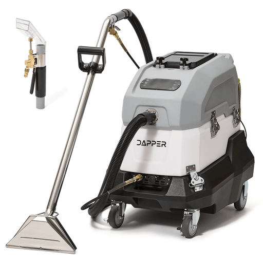 Dapper Supply commercial heated carpet extractor shown with carpet wand and upholstery tool.