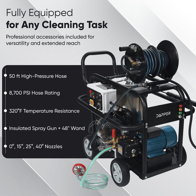Dapper Supply hot water pressure washer infographic showing 50 ft hose, wand, and nozzles.