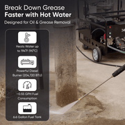 Dapper Supply pressure washer diesel burner heating water up to 194 degrees F.