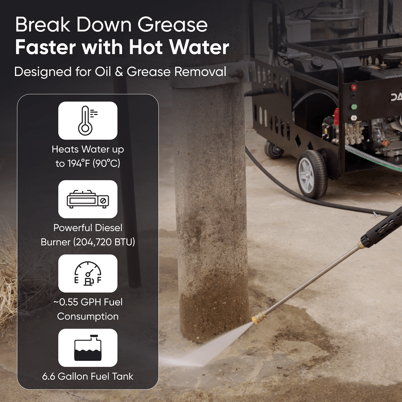 Dapper Supply pressure washer diesel burner heating water up to 194 degrees F.