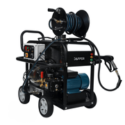 Dapper Supply hot water pressure washer front angle with hose reel and spray gun.