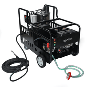Dapper Supply 4350 PSI hot water gas pressure washer front angle with hose and wand.