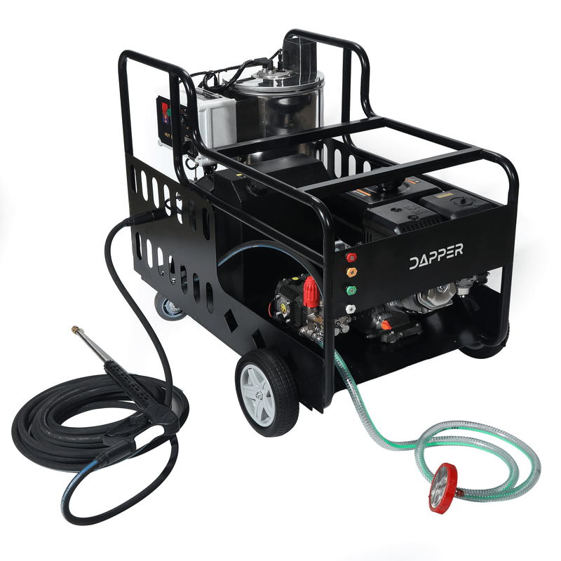 Dapper Supply 4350 PSI hot water gas pressure washer front angle with hose and wand.