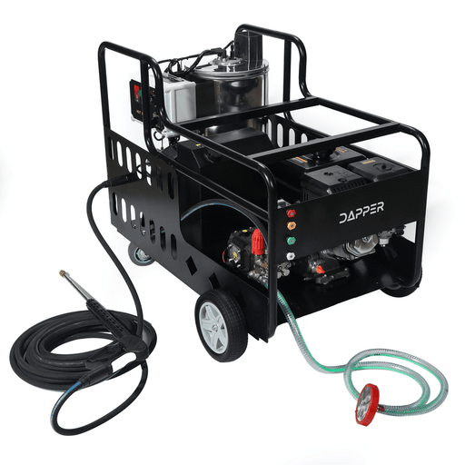 Dapper Supply 4350 PSI hot water gas pressure washer front angle with hose and wand.