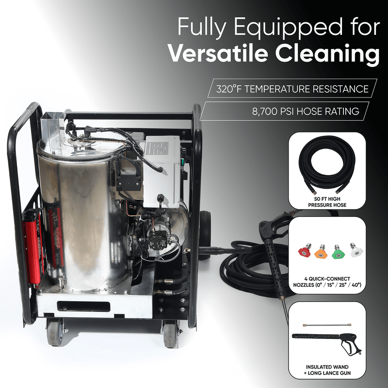 Dapper Supply pressure washer with 50 ft hose, insulated wand, and quick-connect nozzles.