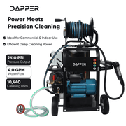 Dapper Supply hot water pressure washer infographic showing 2610 PSI and 4.0 GPM.