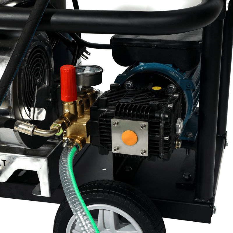 Dapper Supply hot water pressure washer triplex pump and motor closeup.