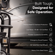 Dapper Supply hot water pressure washer infographic showing safety systems and steel frame.