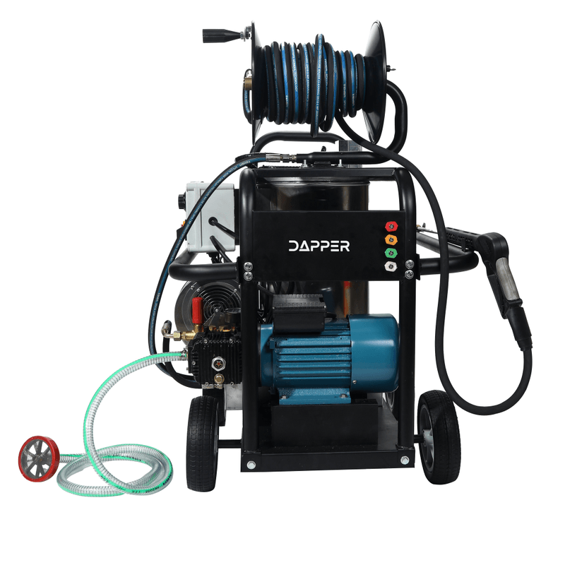 Dapper Supply hot water pressure washer side view with suction hose and filter.