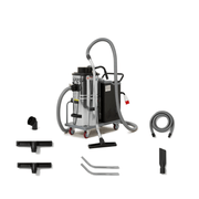 Dapper Supply 14.5-gallon industrial wet dry vacuum with full accessory kit laid out.