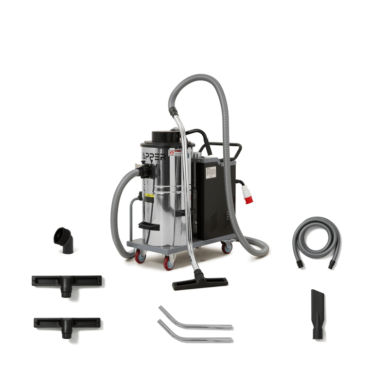 Dapper Supply 14.5-gallon industrial wet dry vacuum with full accessory kit laid out.