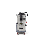 Dapper Supply 14.5-gallon industrial wet dry vacuum front view of the stainless tank and cart.