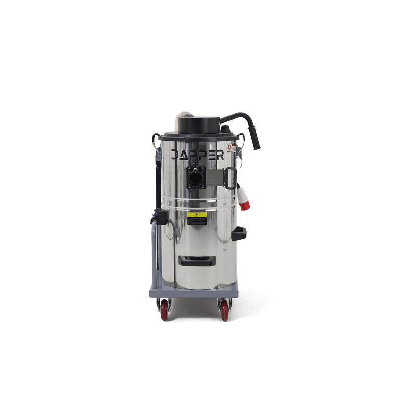 Dapper Supply 14.5-gallon industrial wet dry vacuum front view of the stainless tank and cart.