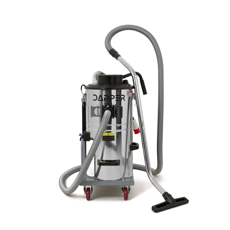 Dapper Supply 14.5-gallon industrial wet dry vacuum with hose and floor tool attached.