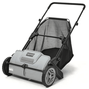 Dapper Supply 21-inch push lawn sweeper front angle view with hopper bag.