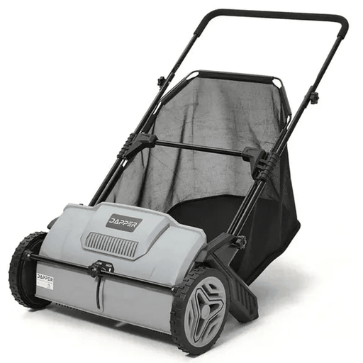 Dapper Supply 21-inch push lawn sweeper front angle view with hopper bag.