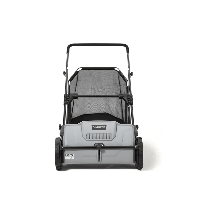 Dapper Supply 21-inch push lawn sweeper front view with low and high adjustment.