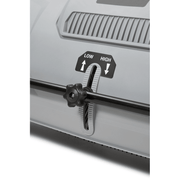 Dapper Supply lawn sweeper low and high brush height adjustment knob closeup.
