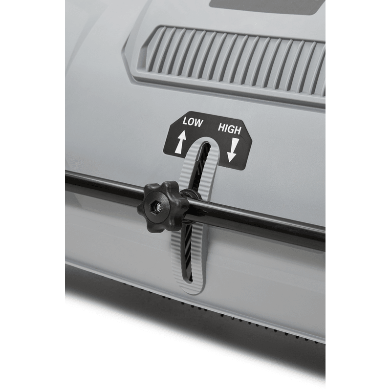 Dapper Supply lawn sweeper low and high brush height adjustment knob closeup.