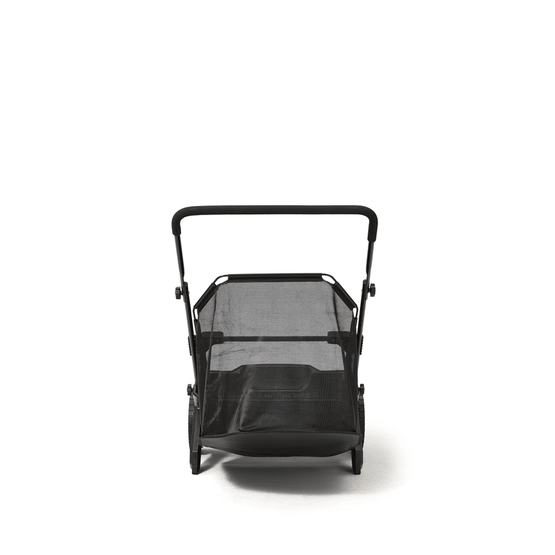 Dapper Supply lawn sweeper rear view showing the mesh hopper bag.