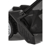 Dapper Supply lawn sweeper bottom support foot and hopper frame closeup.