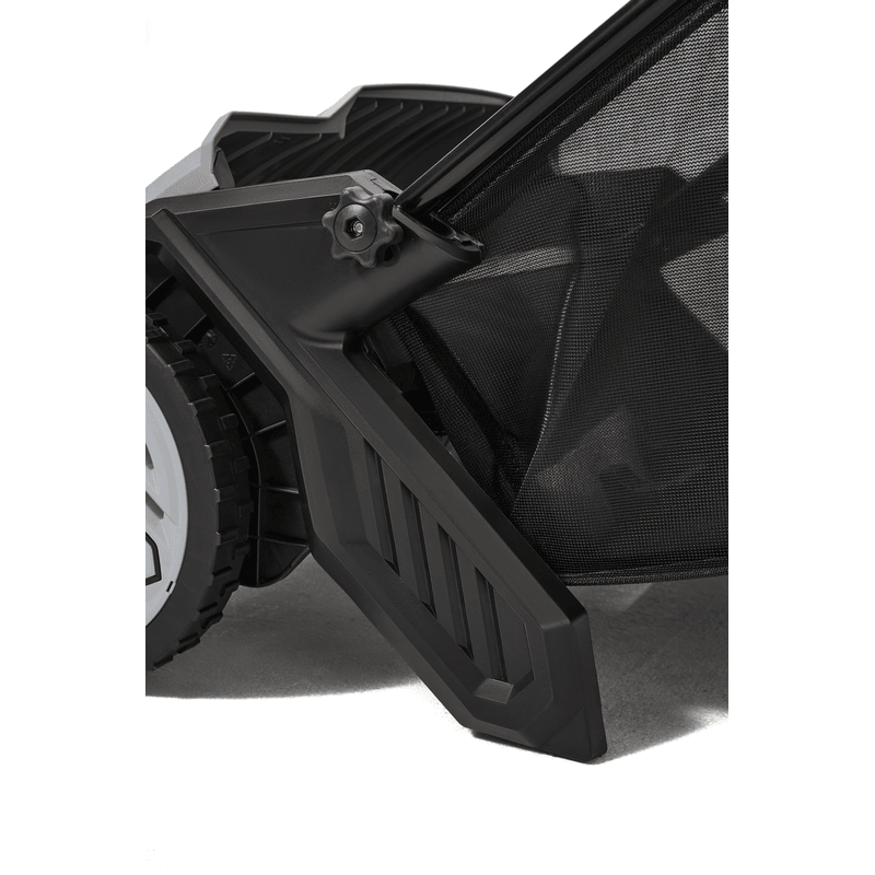Dapper Supply lawn sweeper bottom support foot and hopper frame closeup.