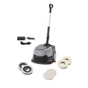 Dapper Supply mini automatic floor scrubber with charger, brushes, and pads.