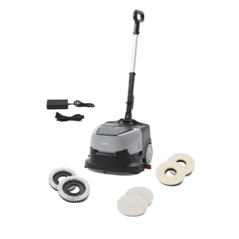 Dapper Supply mini automatic floor scrubber with charger, brushes, and pads.