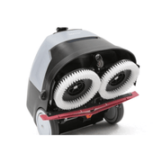 Dapper Supply mini automatic floor scrubber underside dual brush deck closeup.