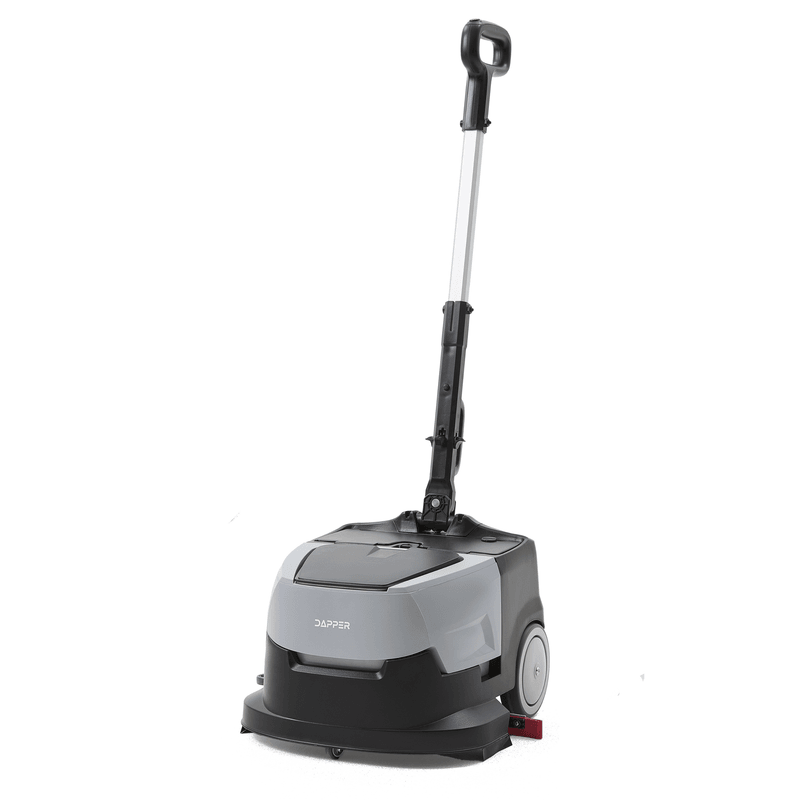 Dapper Supply mini automatic floor scrubber front angle with telescoping handle.
