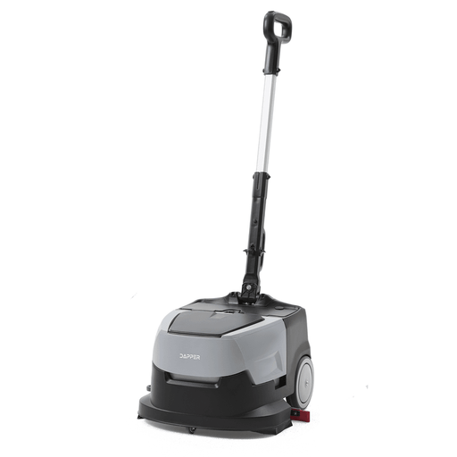Dapper Supply mini automatic floor scrubber front angle with telescoping handle.